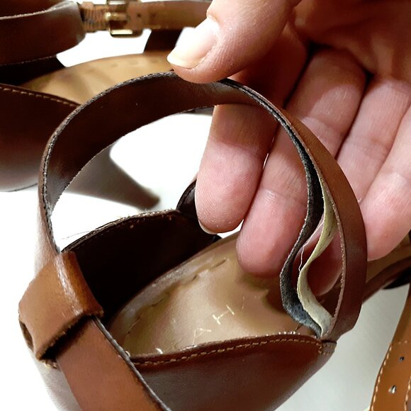 TAHARI Platform Heel Sandals with Cross Strap in Brown Tan Faux Leather - Picture 10 of 13